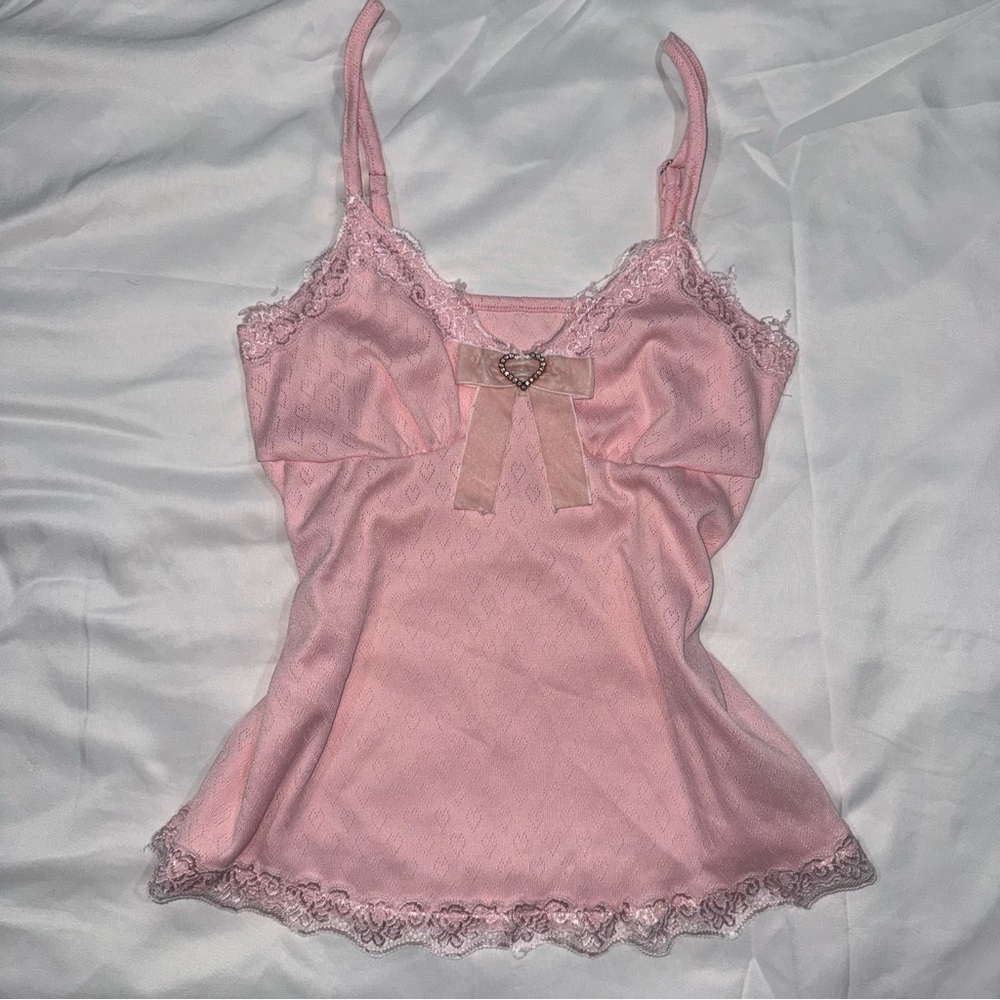 ‼️SOLD‼️Coquette Y2k Baby Pink Lace Trim Bow Camisole Babydoll Princess Girly